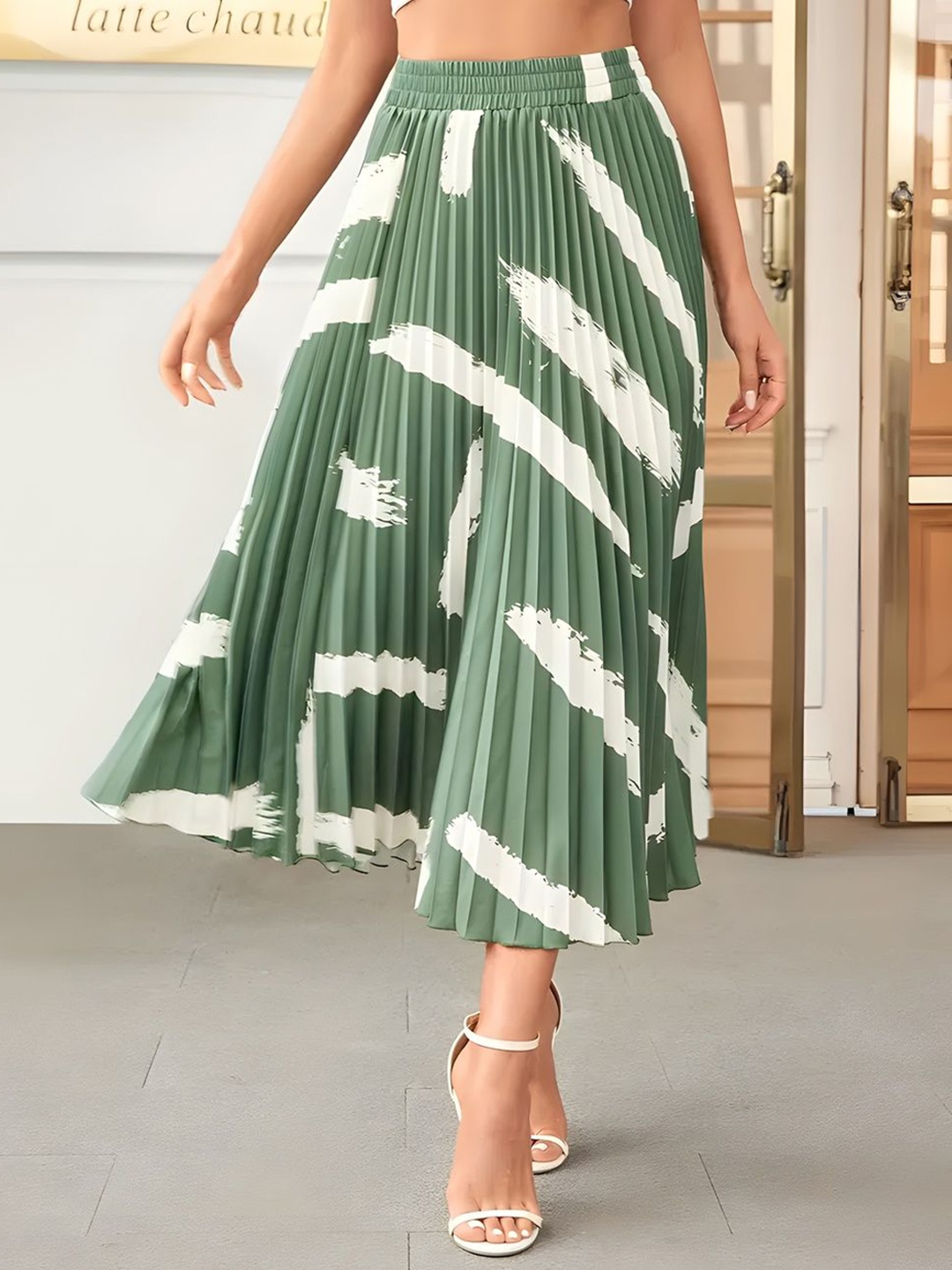 

OTABU Printed Pleated A-Line Midi Skirt, Sea green