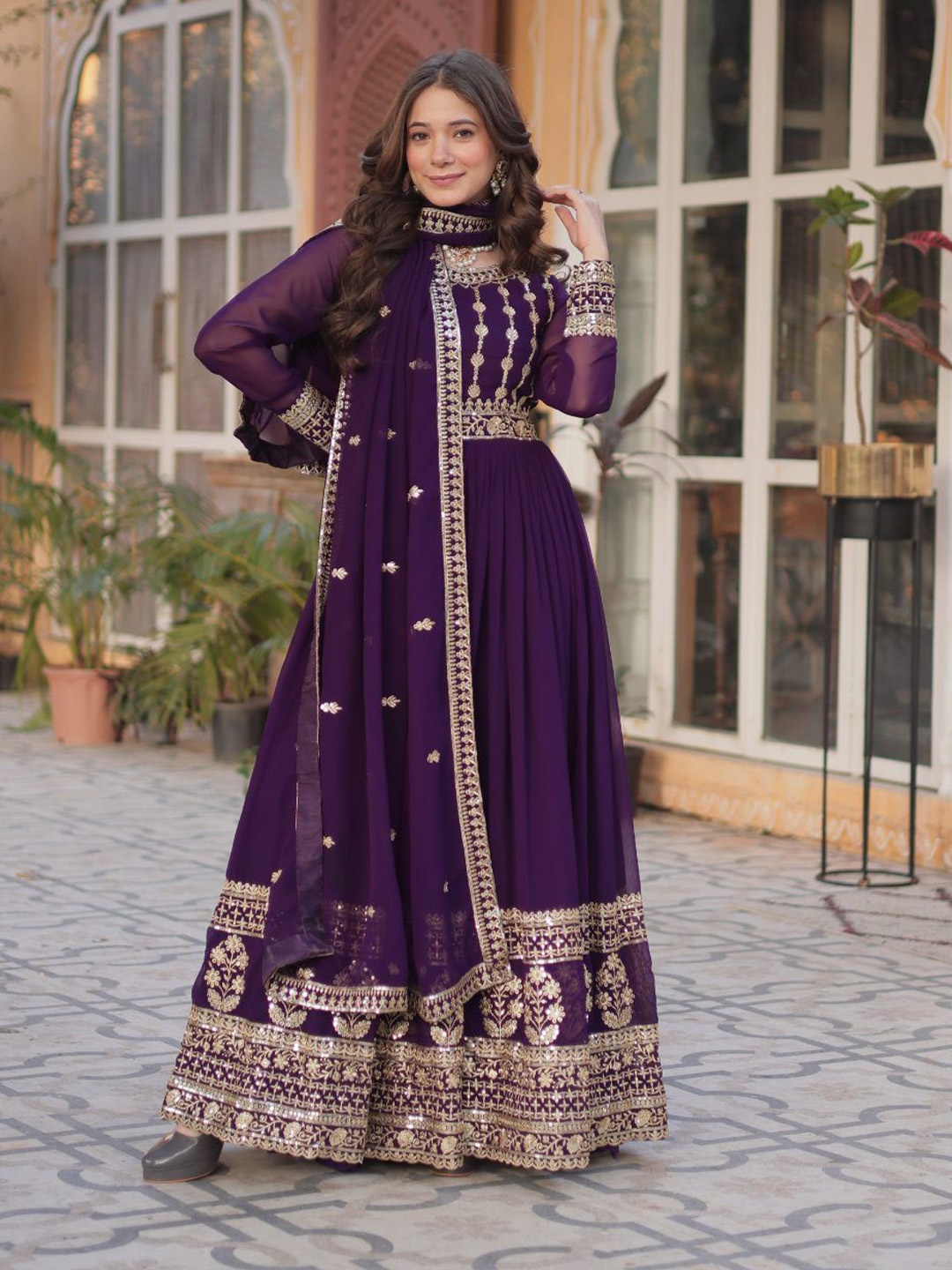 

Tilton Georgette Zari Sequins Embroidered Flared Gown With Heavy Dupatta, Purple