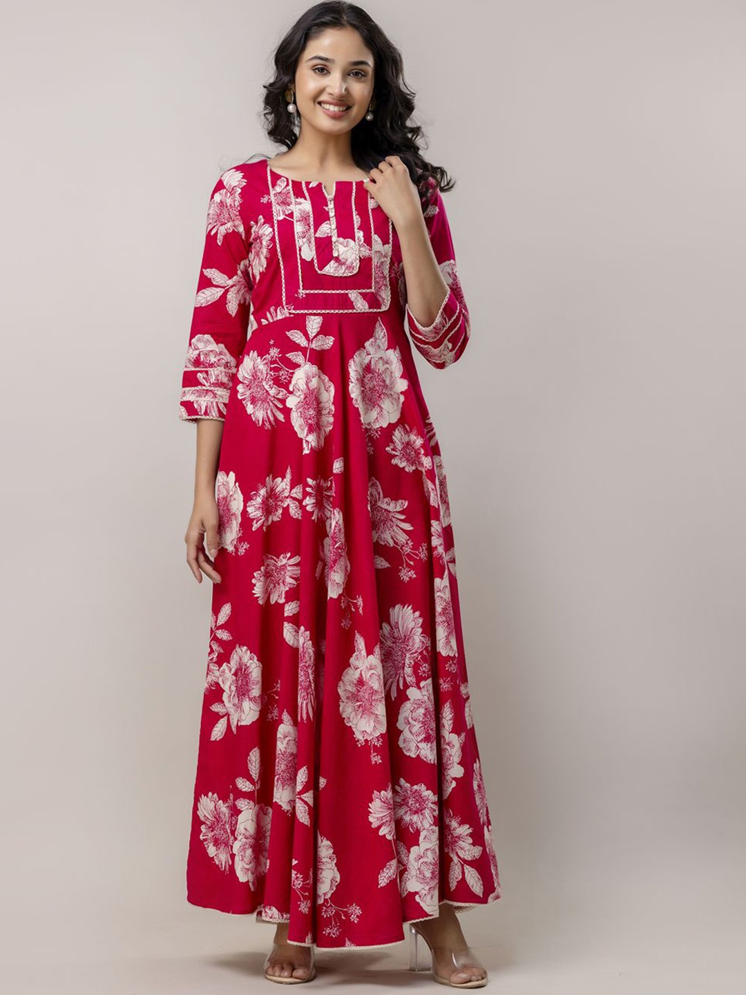 

Da Vastraagaar Women Printed Thread Work Floral Anarkali Kurta, Coral
