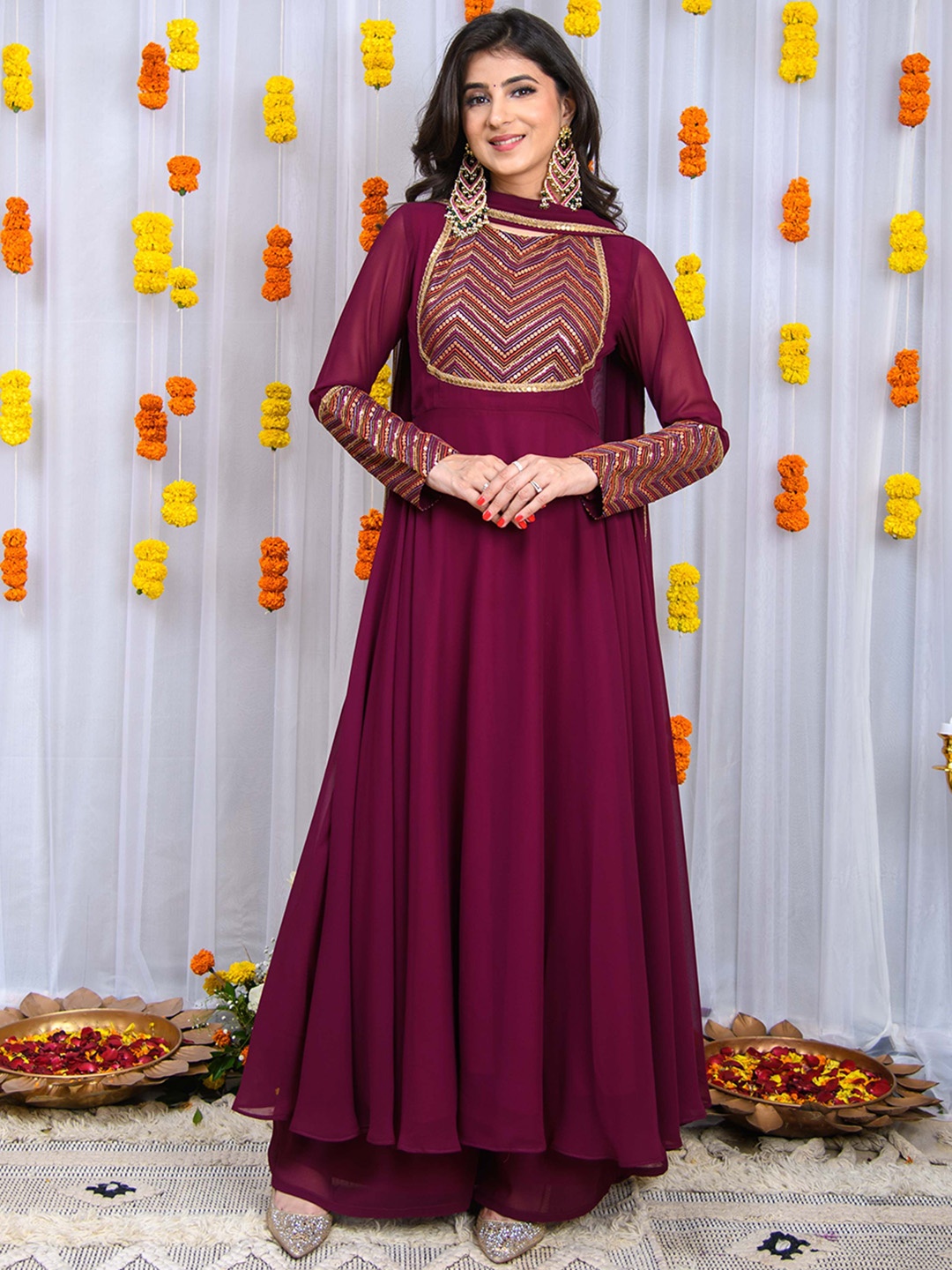 

Label Shaurya Sanadhya Women Embroidered Regular Sequinned Kurta with Sharara & With Dupatta, Purple