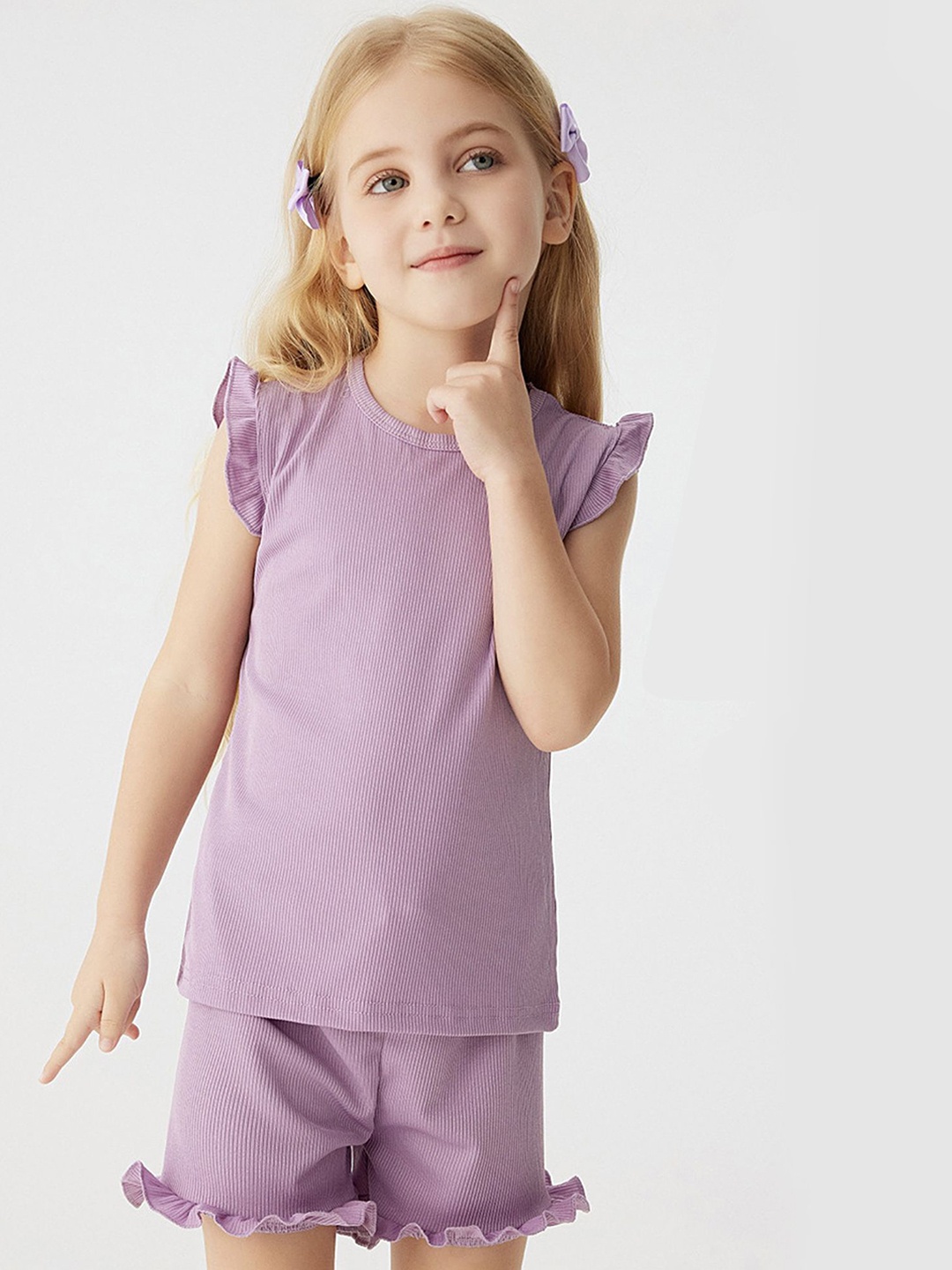 

LULU & SKY Girls Striped Top with Shorts Clothing Set, Violet