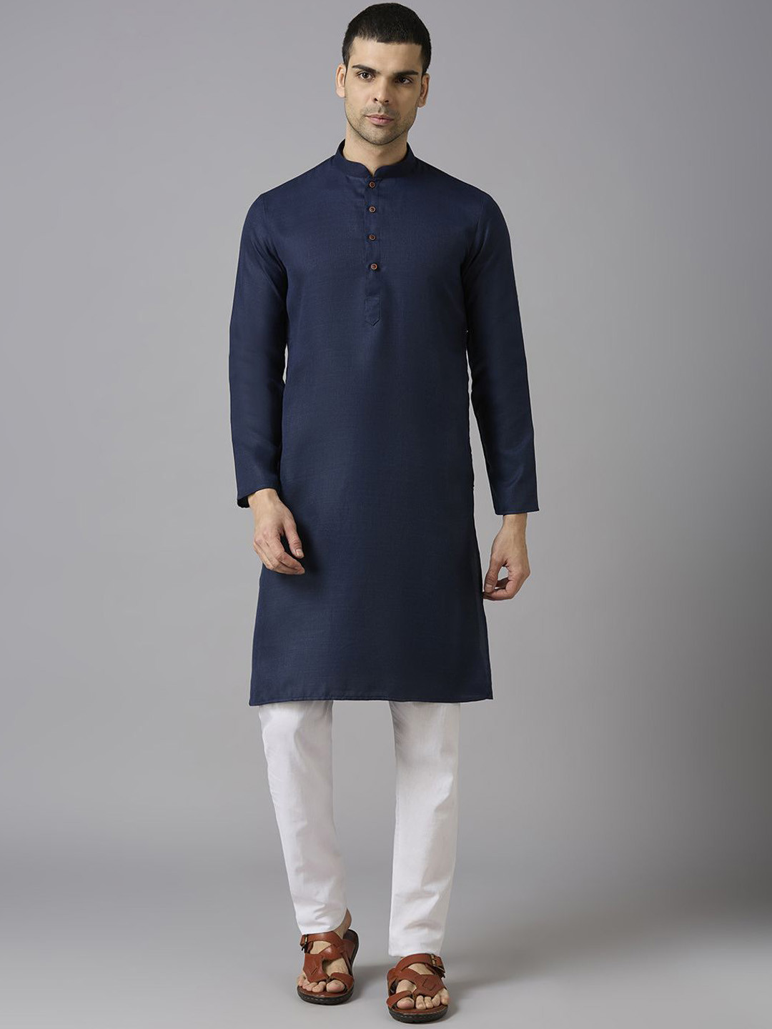 

John Philips Men Embroidered Thread Work Pathani Kurta, Navy blue