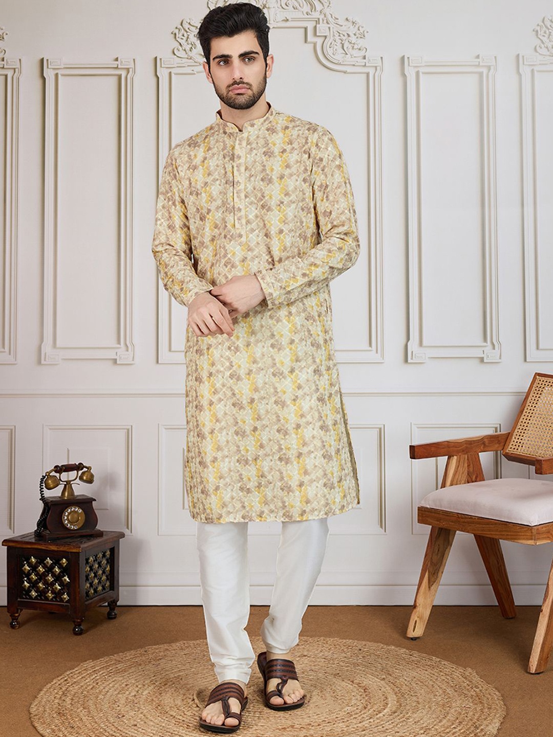 

House of Pataudi Printed With Sequins Embellished Cotton Straight Kurta, Brown
