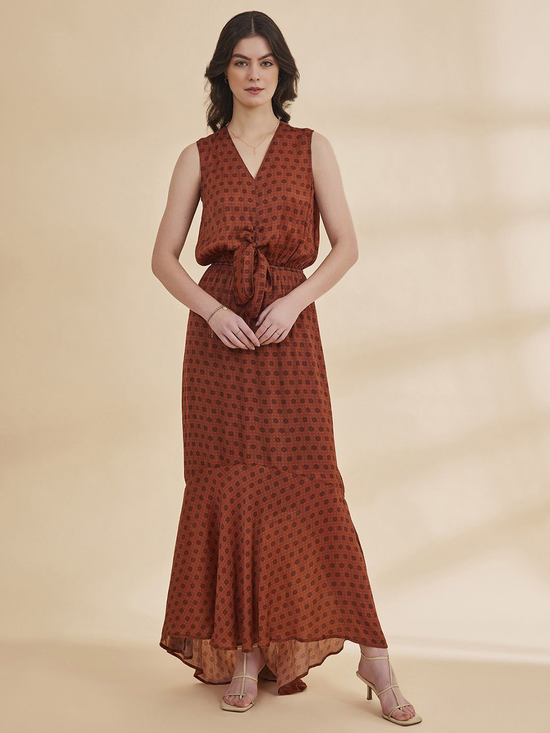 

B77 Polka Dot Print Chiffon Maxi Dress, Brown