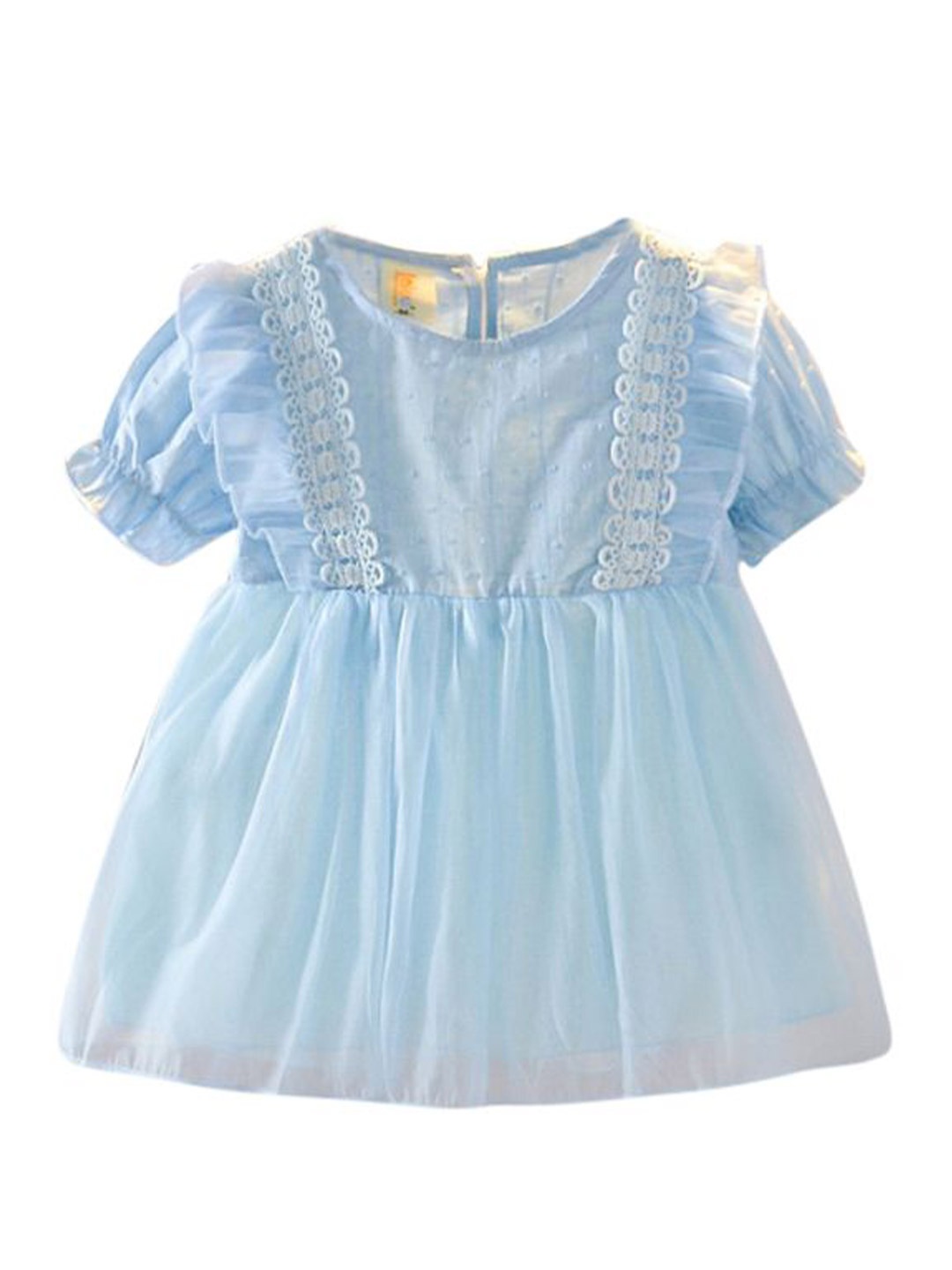 

StyleCast x Revolte Girls Puff Sleeve Cotton Fit and Flare Dress With Lace Inserts, Blue