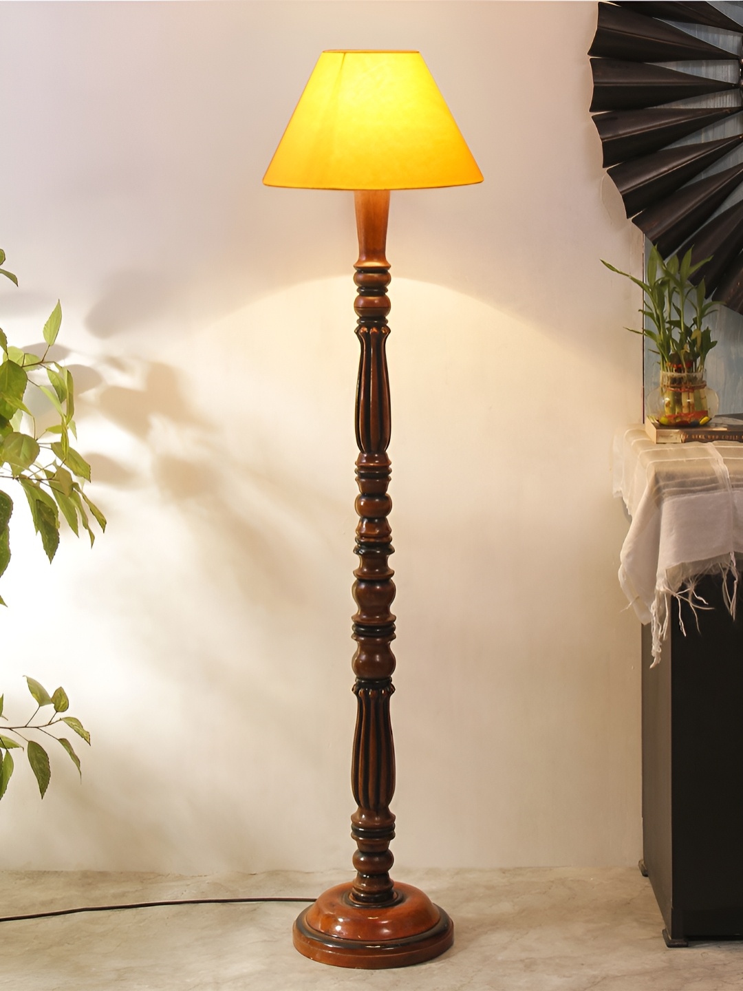 

Devansh Yellow & Brown Cotton Conical Wooden Floor Lamp