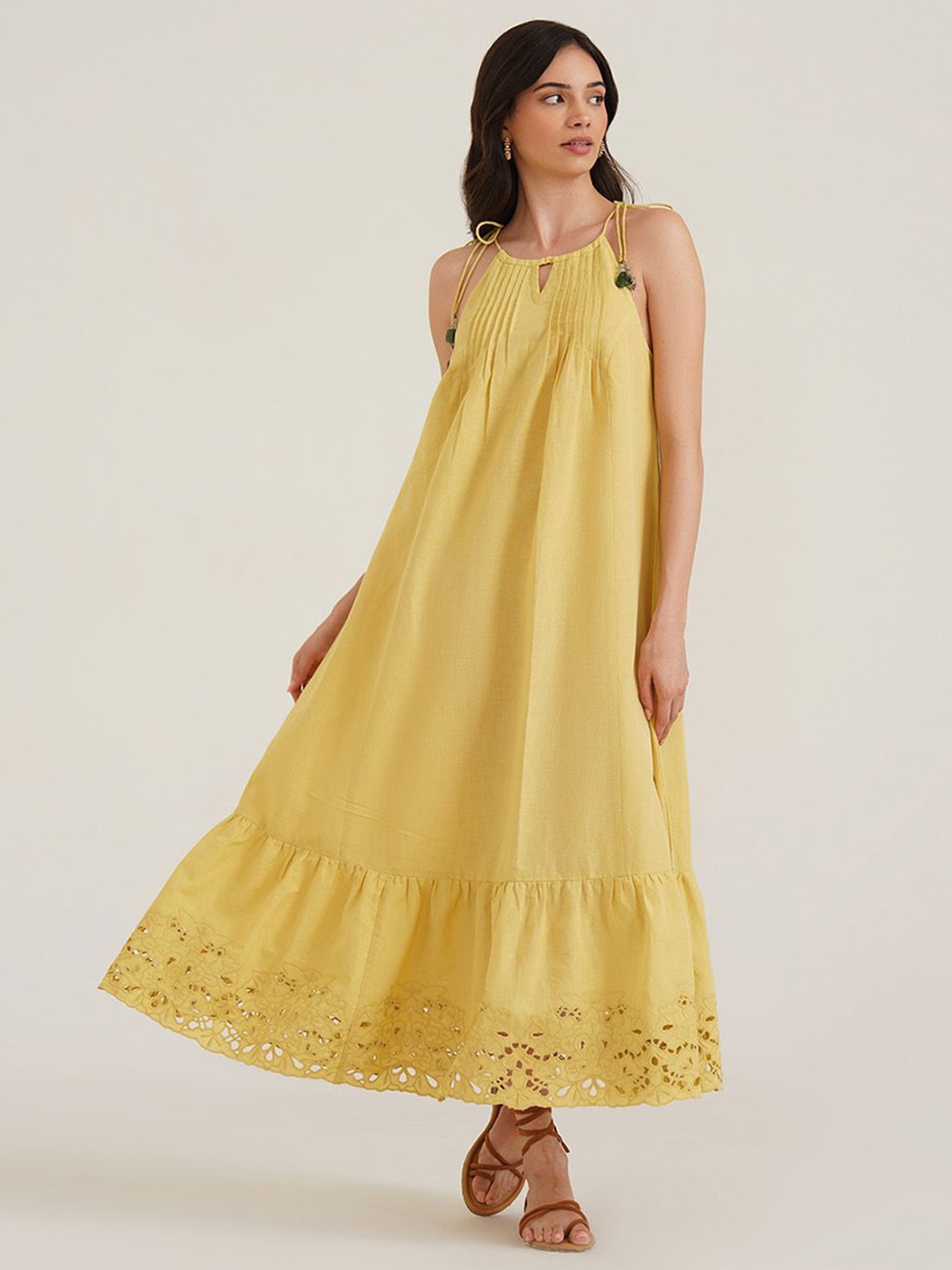 

B77 Embroidered Linen A-Line Maxi Dress, Yellow