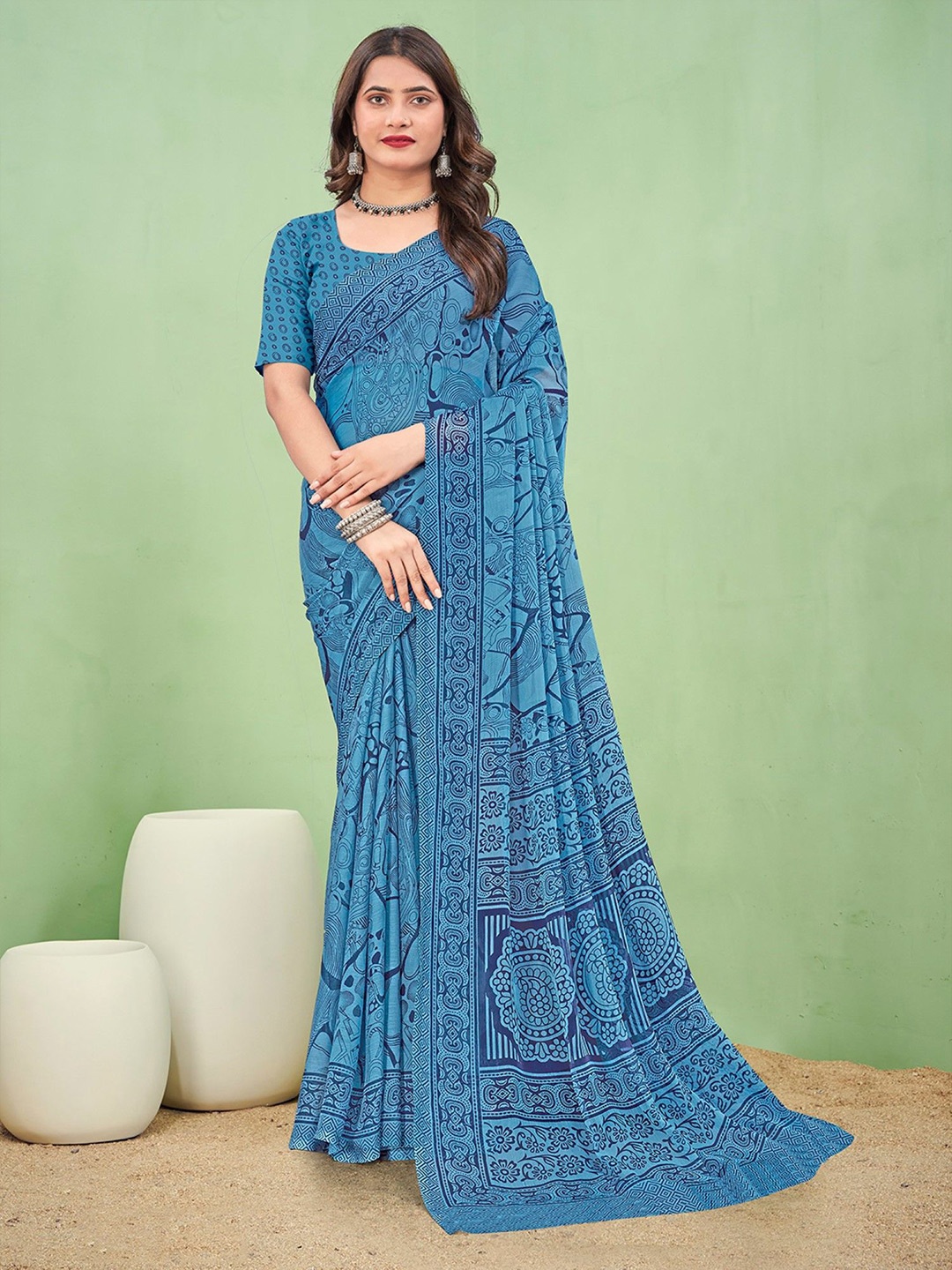 

LeeliPeeri Designer Ethnic Motifs Poly Chiffon Saree, Teal