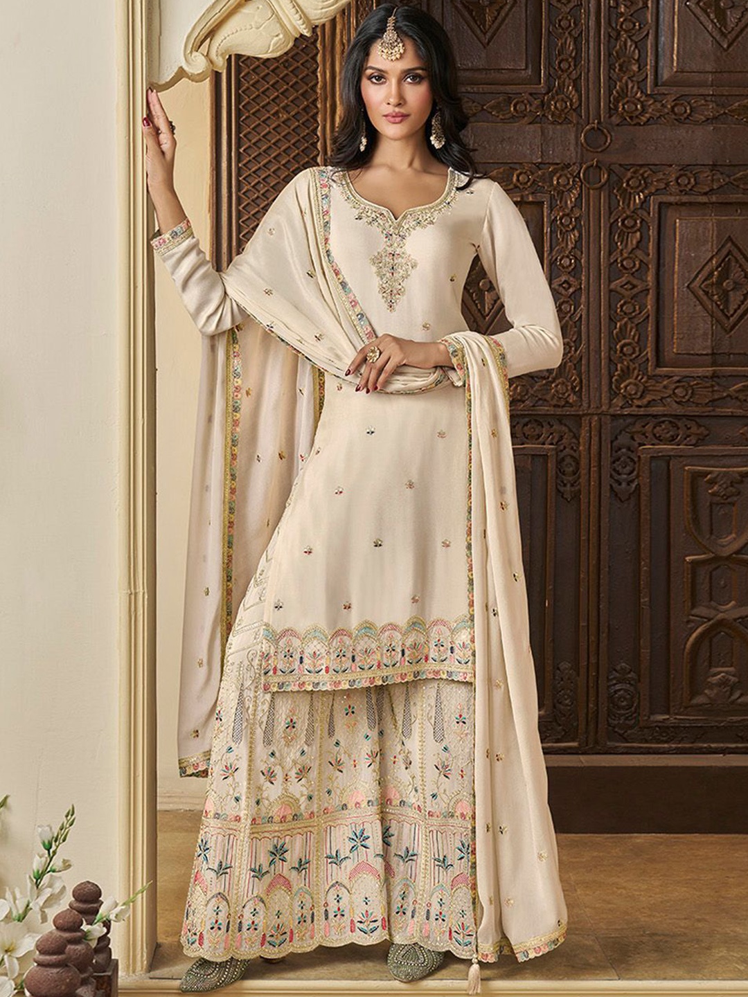 

Seerat Women Ethnic Motifs Embroidered Regular Silk Chiffon Kurti with Sharara & With Dupatta, Off white