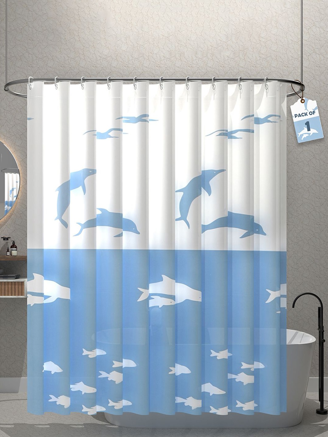 

Aura Aura Blue & White Shark Printed Waterproof Shower Curtains With 12 Rings