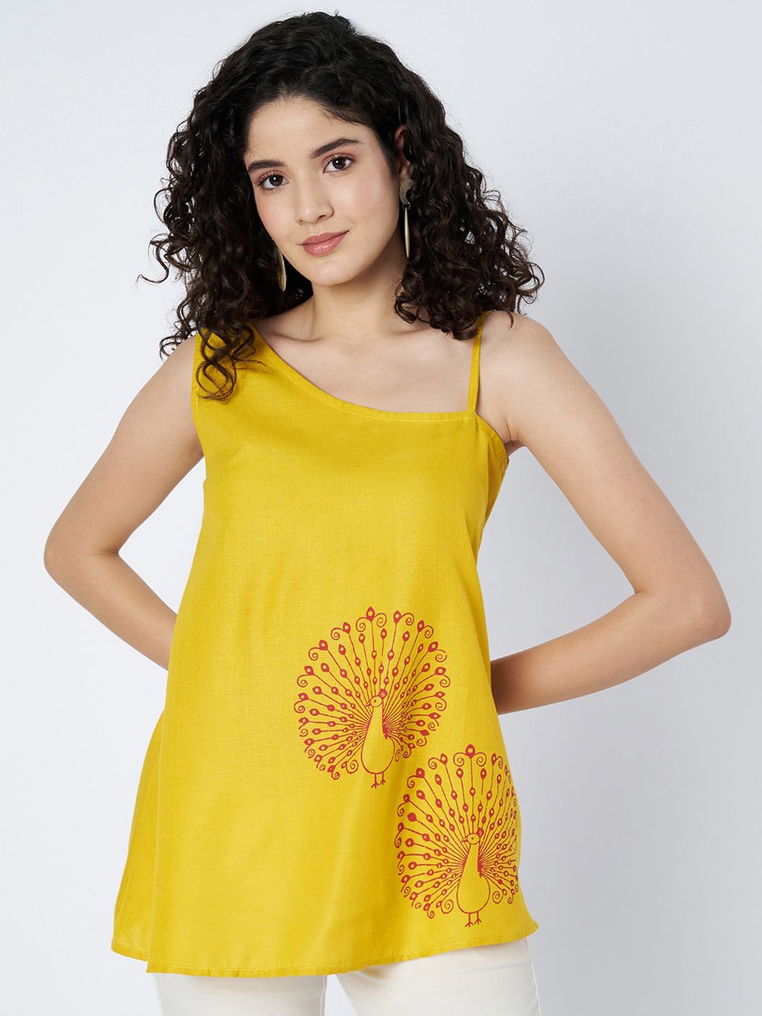 

9rasa Tribal One Shoulder Placement Print Cotton Top, Yellow