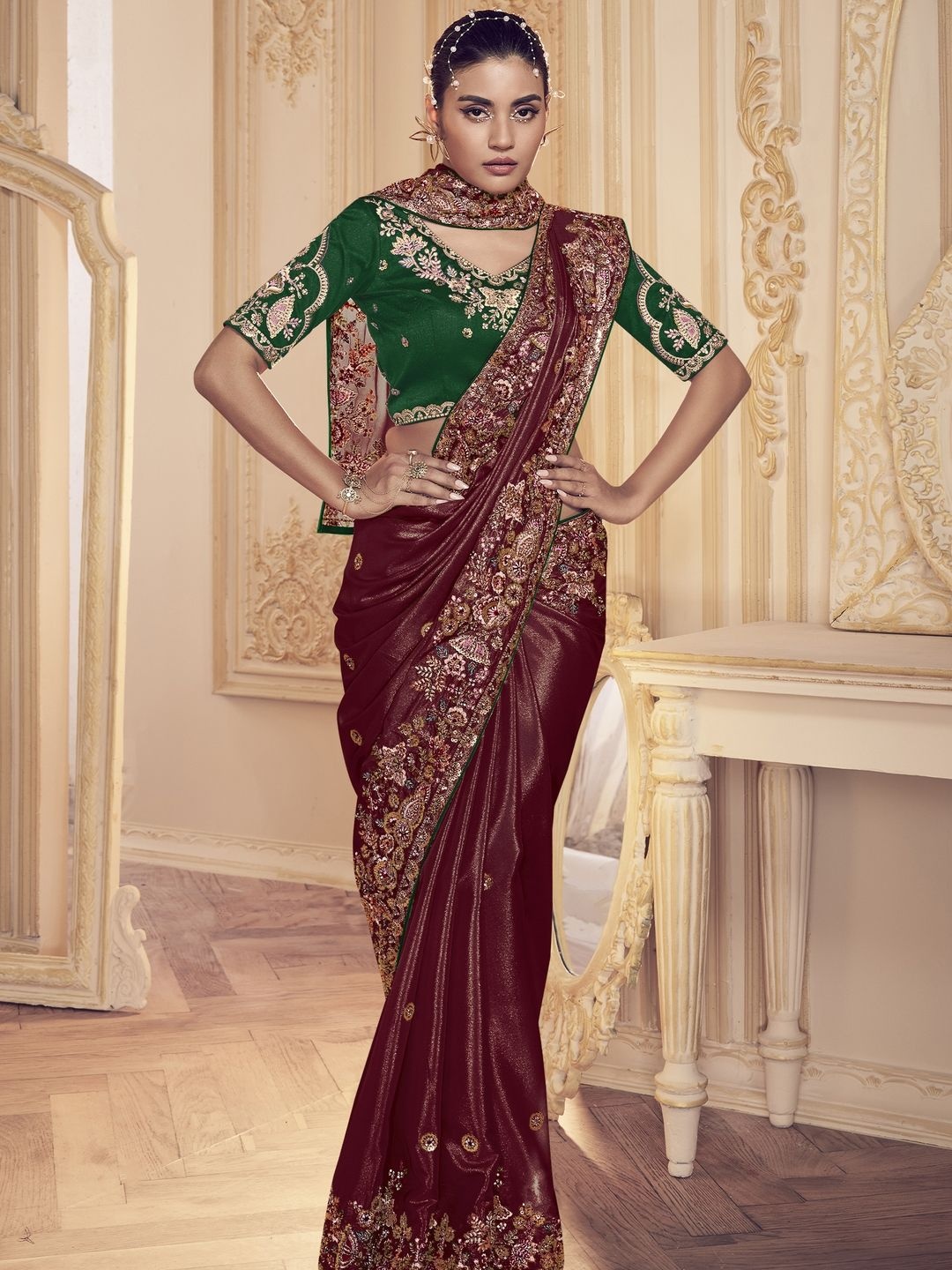 

Suha Floral Satin Saree, Maroon