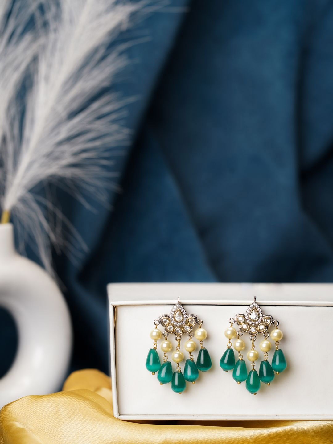

AARSEE OFFICIAL Anti-Tarnish 22KT Gold Plated Serene Teal Earrings, Silver