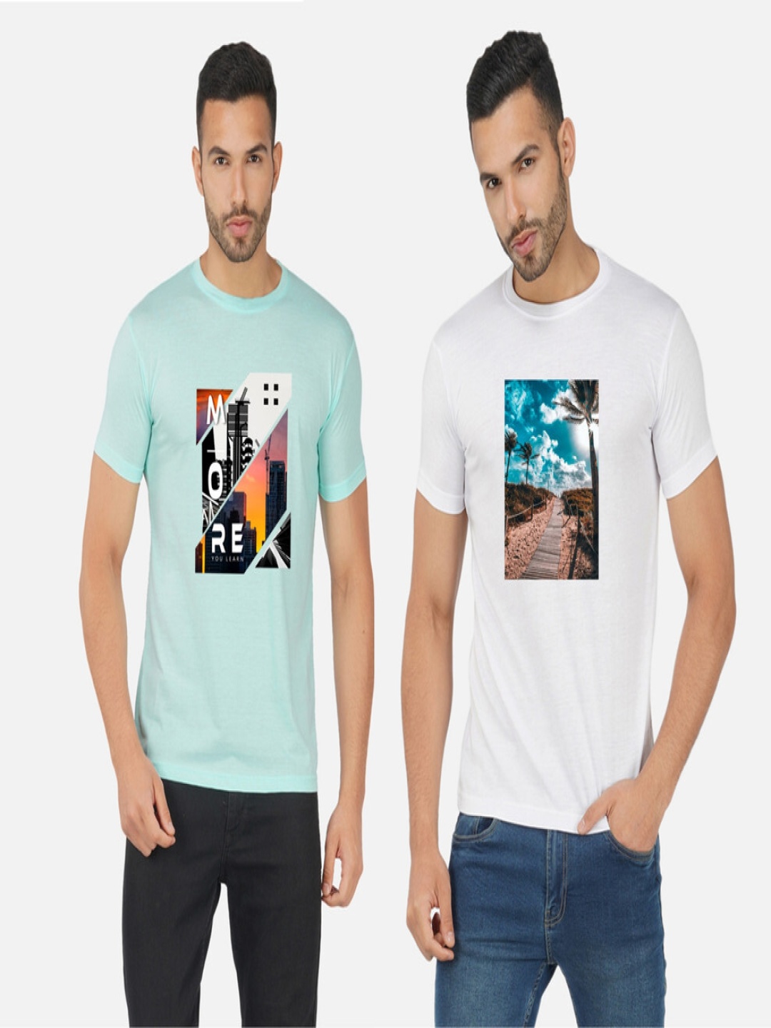 

GLOBAL NOMAD Men 2 Printed Bio Finish Applique T-shirt, Turquoise blue