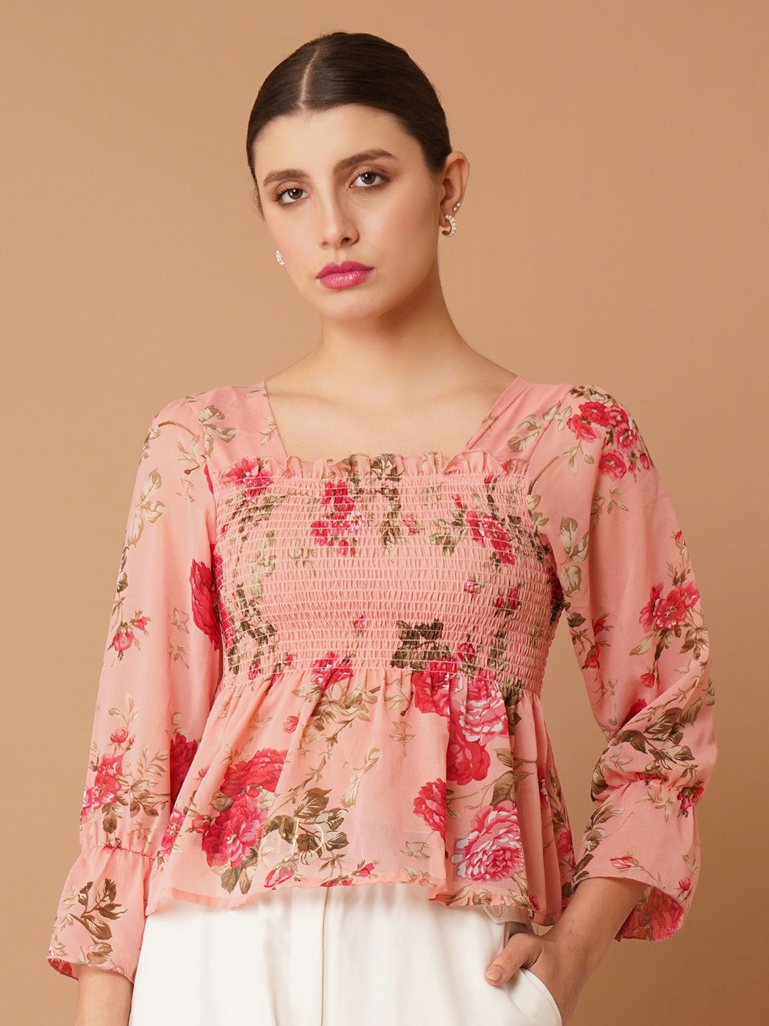 

Chemistry Floral Print Bell Sleeve Georgette Peplum Top, Pink
