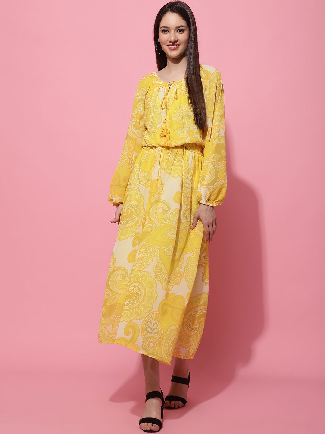 

JAKANARY Ethnic Motifs Printed Georgette Maxi Dress, Yellow