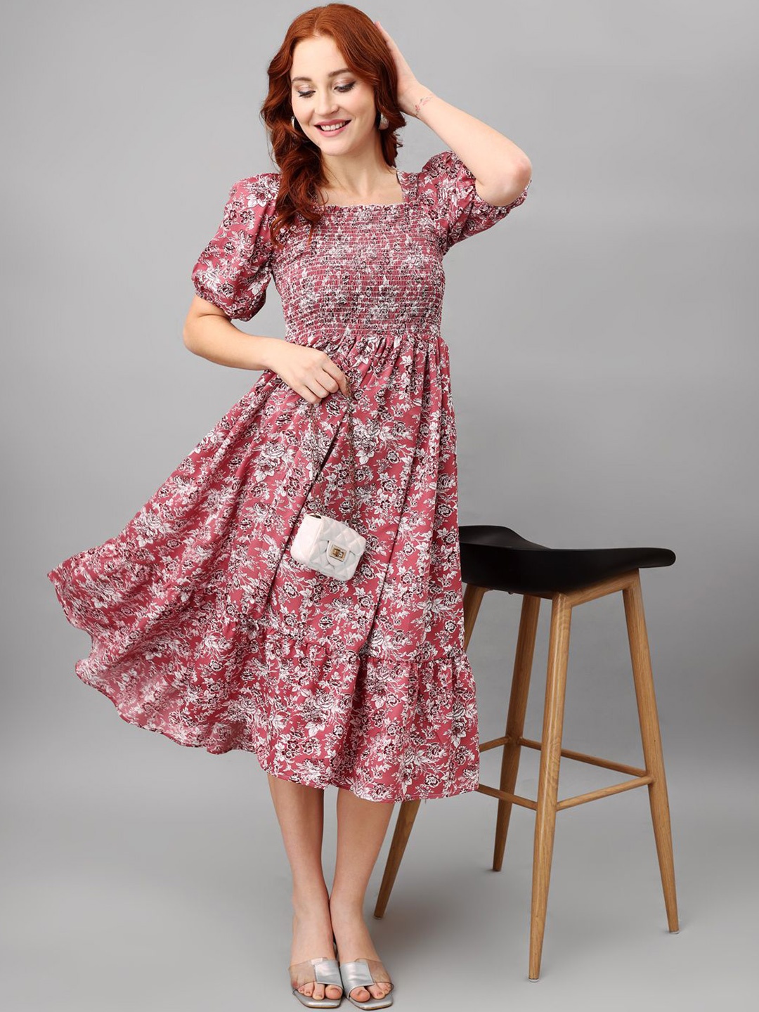 

Raiyani Fashion Floral Print Puff Sleeve Applique Fit & Flare Midi Dress, Pink