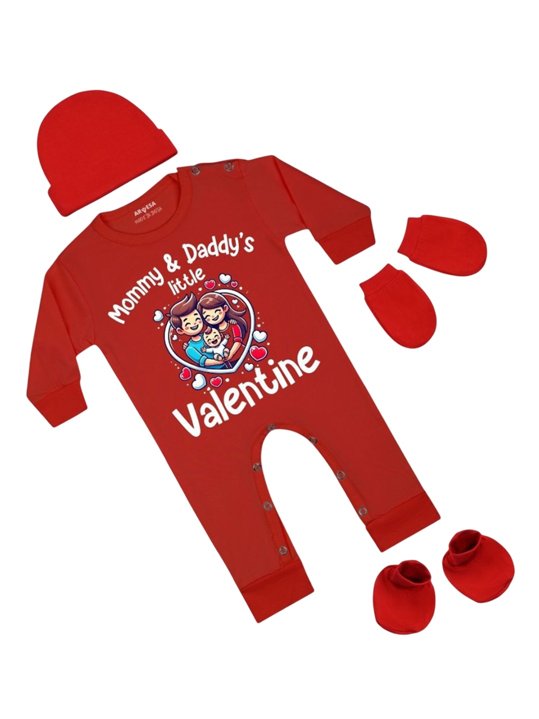 

Arvesa Infants Little Valentine Printed Bodysuit with Cap Booties Mitten, Red