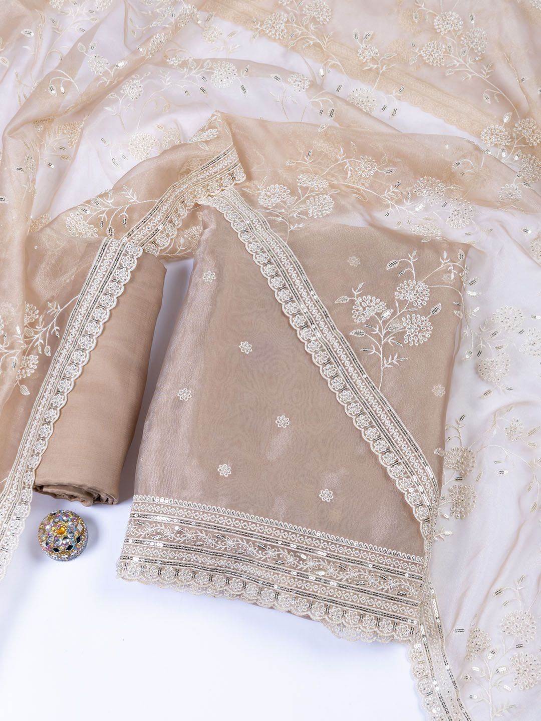 

Meena Bazaar Embroidered Organza Unstitched Dress Material, Brown