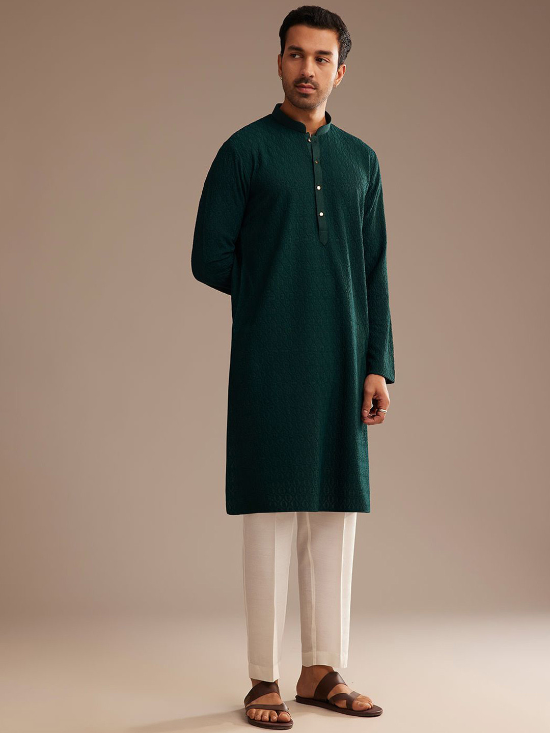 

KALKI Fashion Men Ethnic Motifs Embroidered Regular Chikankari Kurta with Trousers, Green