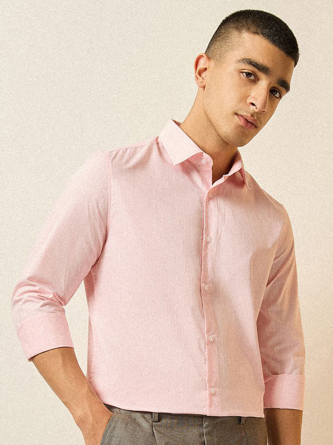 

THE BEAR HOUSE Men Tailored Fit Opaque Striped Formal Shirt, Pink