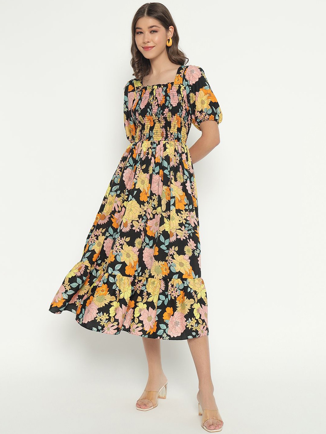 

Raiyani Fashion Floral Print Applique Crepe Fit & Flare Midi Dress, Yellow