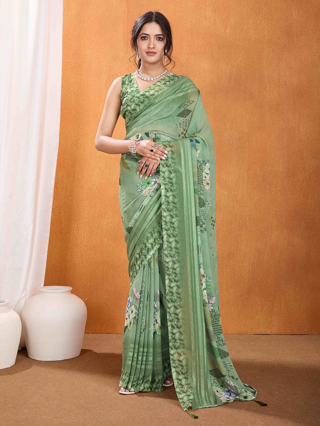 

TASRIKA Floral Pure Georgette Saree, Green