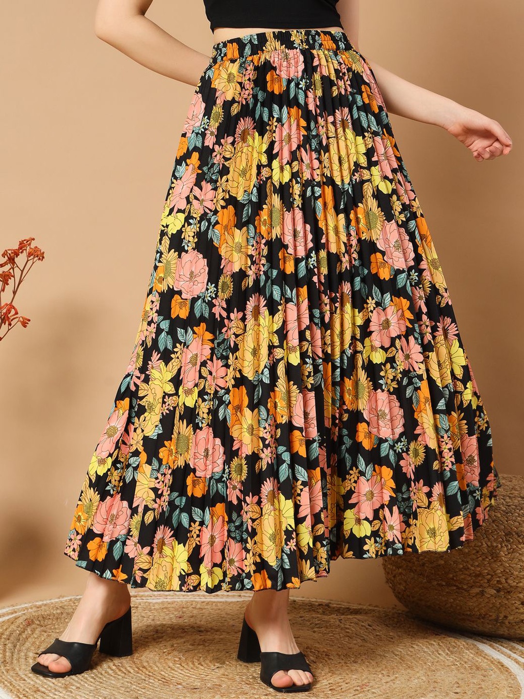 

OTABU Floral Printed Pleated A-Line Maxi Skirt, Yellow
