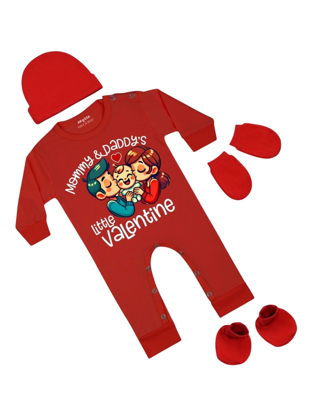 

Arvesa Infants Little Valentine Printed Bodysuit with Cap Booties Mitten, Red