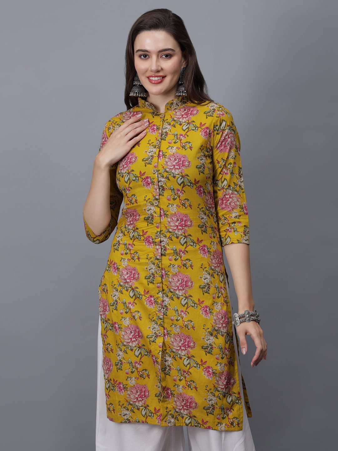 

ETRAANA Printed Pure Cotton Mandarin Collar Kurta, Mustard