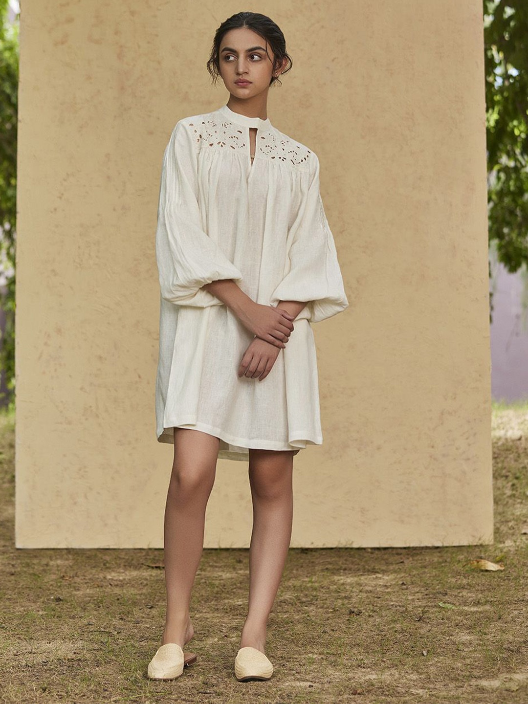 

B77 Embroidered Linen A-Line Dress, White