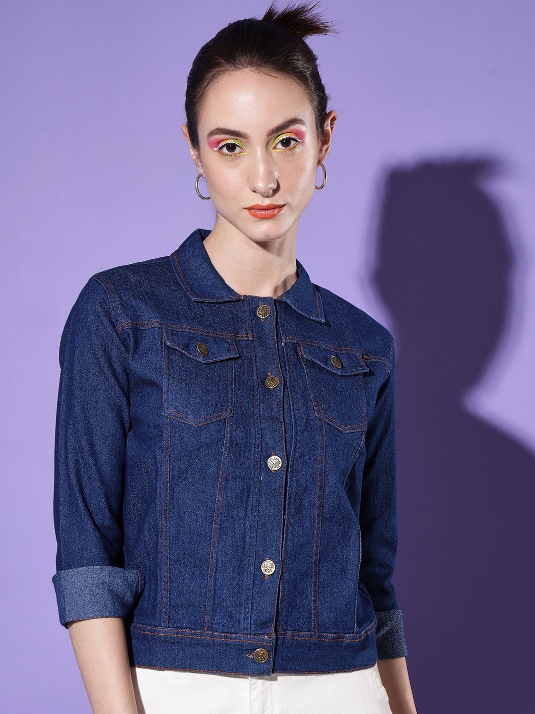 

DIMPY GARMENTS Women Lightweight Denim Jacket with Embroidered, Blue