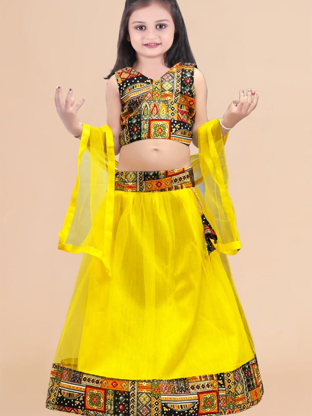 

Sainur creation Girls Printed Ready to Wear Lehenga & Blouse With Dupatta, Yellow