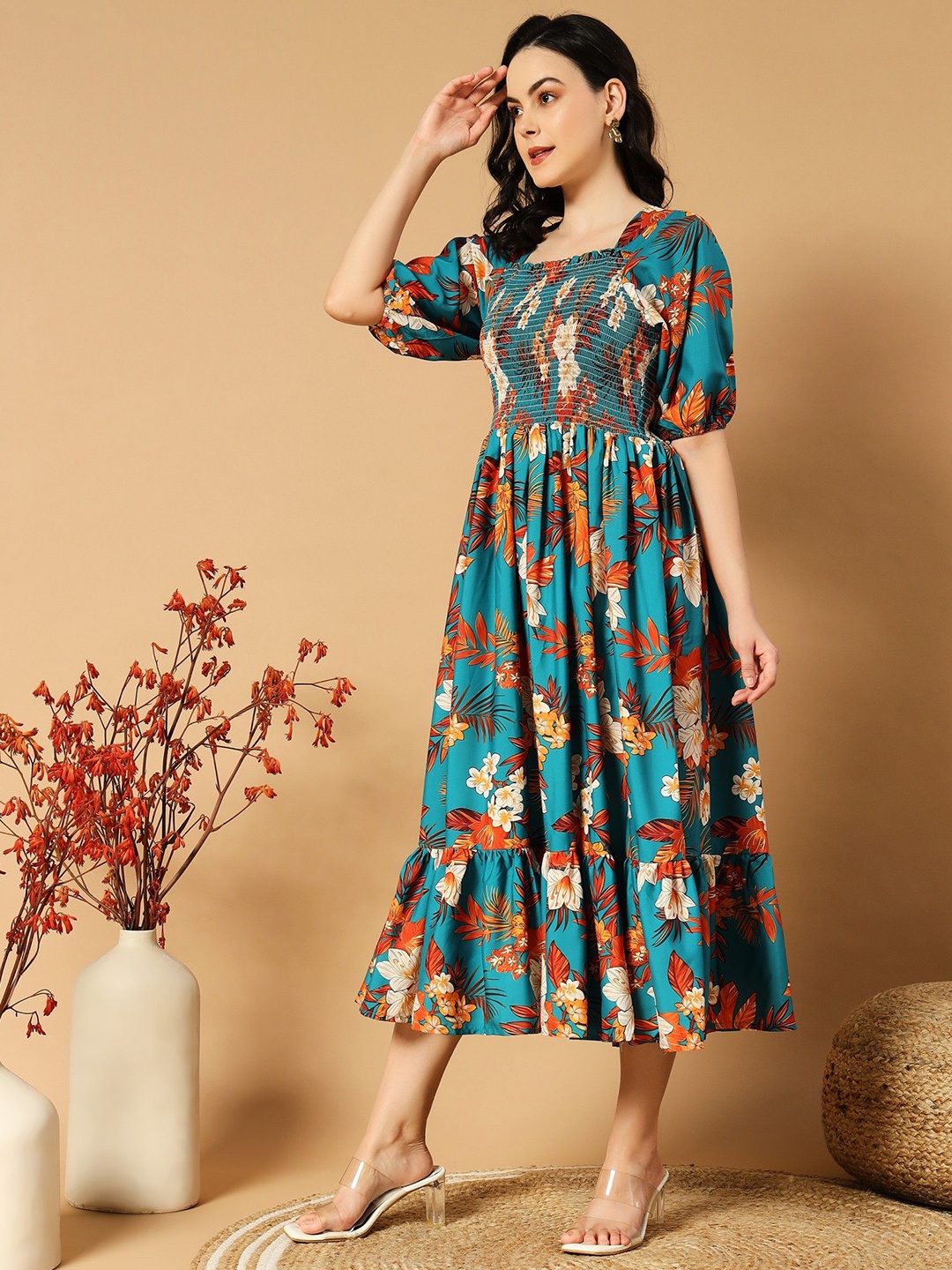 

Jash Creation Floral Print Applique Crepe Fit & Flare Dress, Green