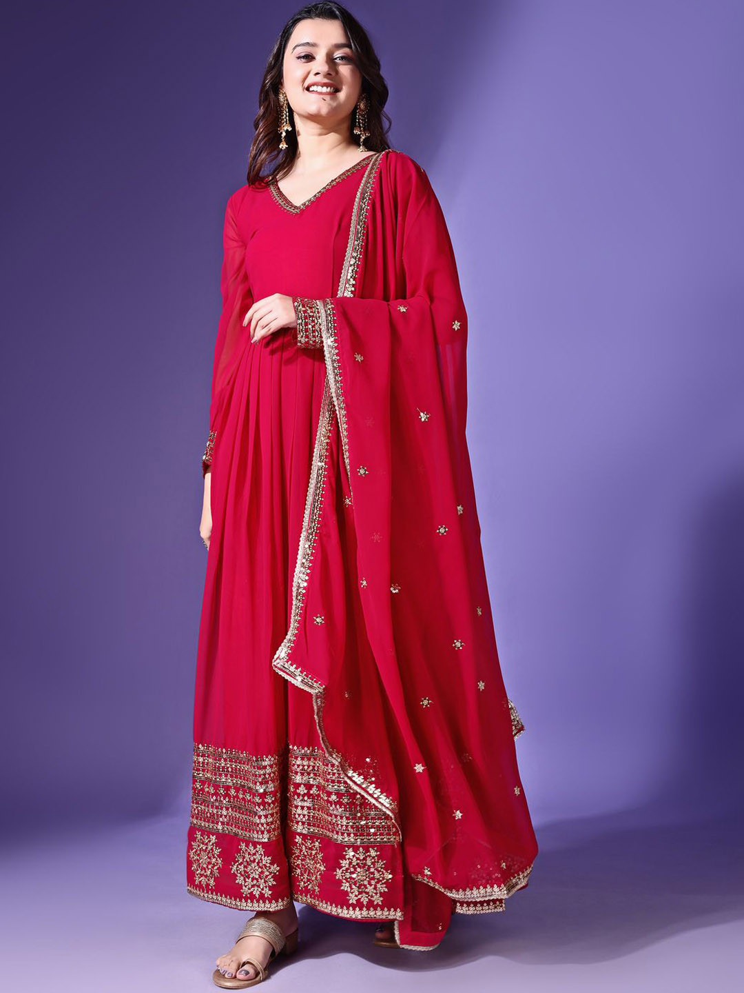 

Fashion Basket Embroidery Fit And Flare Ethnic Dresses With Dupatta, Pink