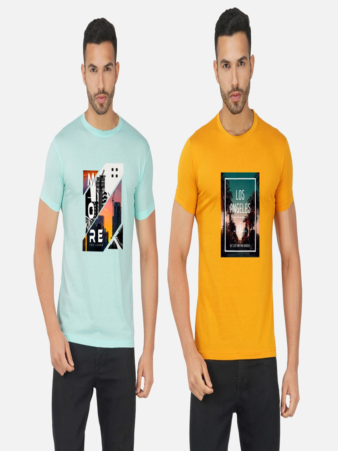 

GLOBAL NOMAD Men 2 Printed Bio Finish Applique T-shirt, Turquoise blue
