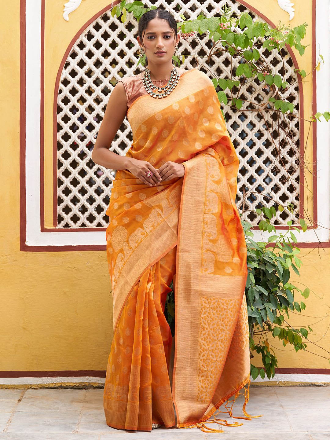 

Janasya Women Organza Woven Dual Tone Ethnic Motif Saree with Unstitched Blouse Piece, Yellow