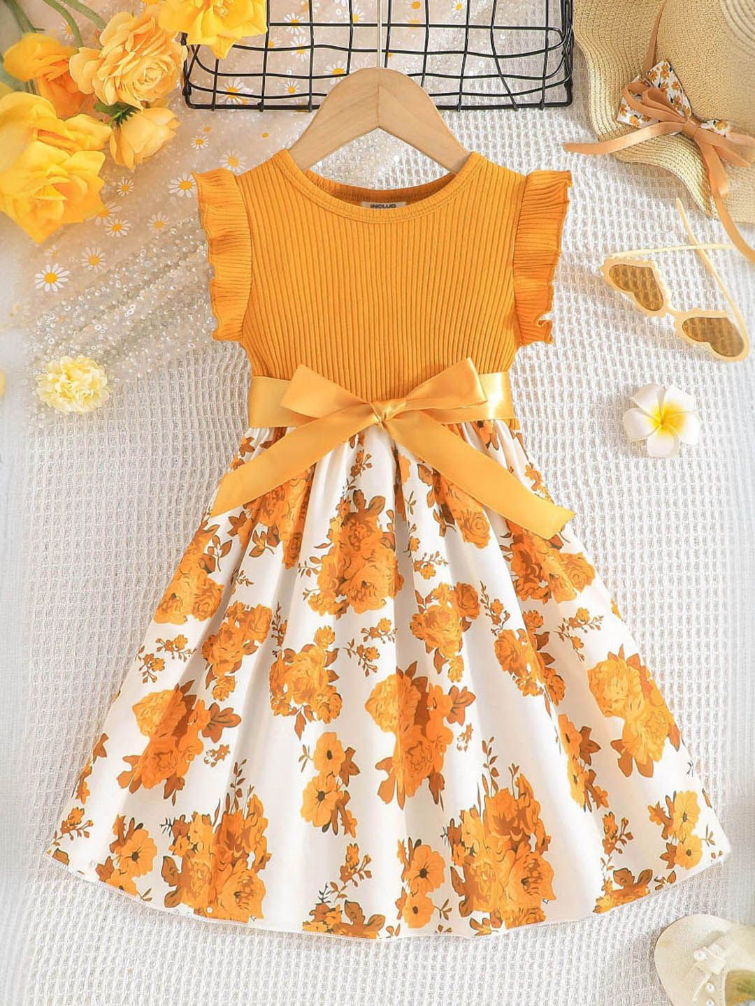 

INCLUD Floral Print Flared Sleeve Fit & Flare Dress, Orange