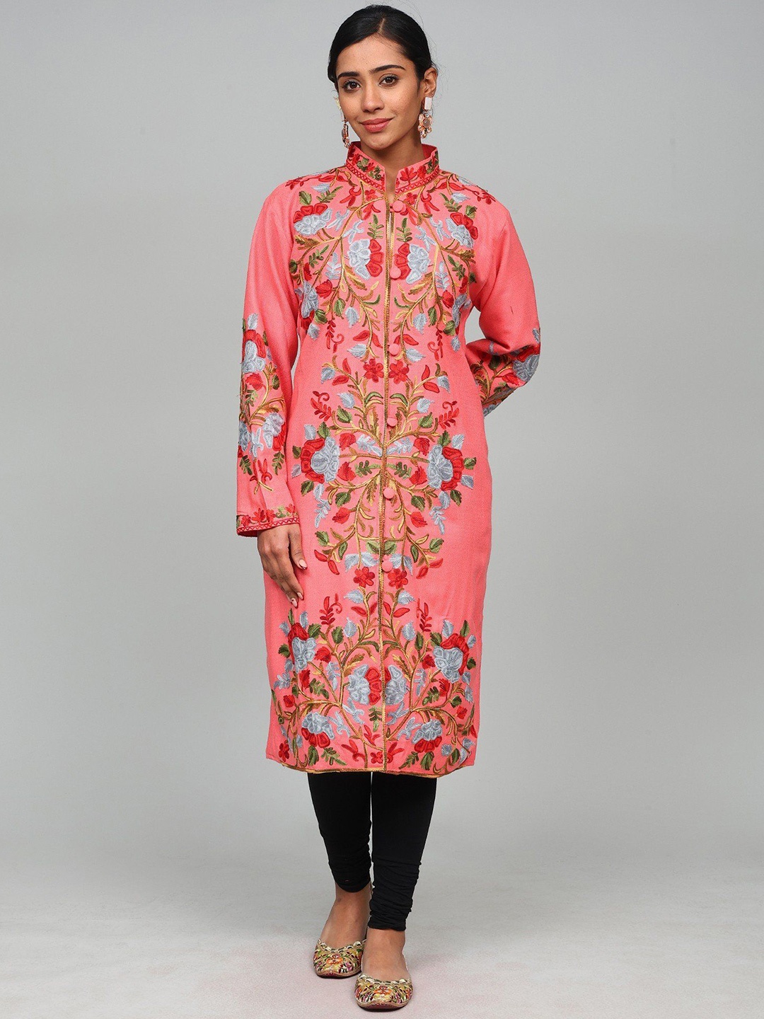 

Exotic India Women Floral Woollen Longline Tailored Jacket with Embroidered, Pink