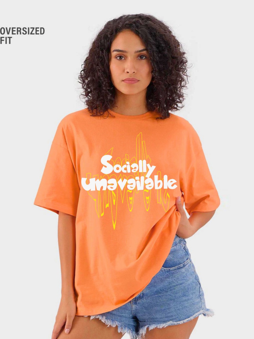 

RAYACLOSET Women Typography Printed Applique T-shirt, Orange