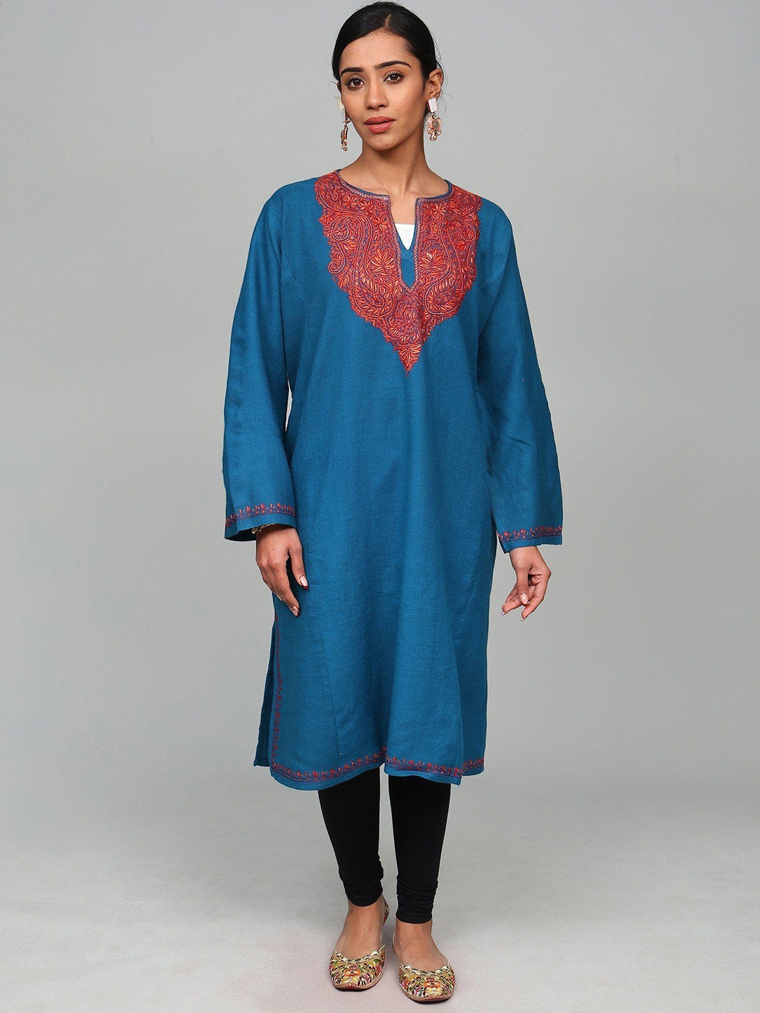 

Exotic India Women Paisley Embroidered Flared Sleeves Floral Woollen Kurta, Blue