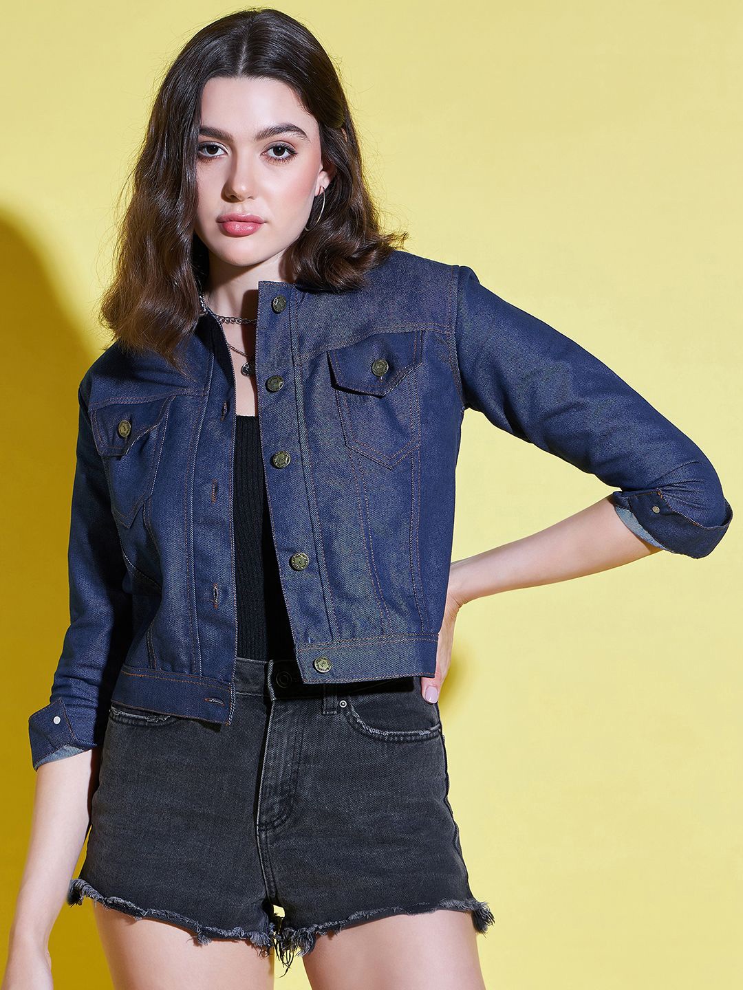 

DIMPY GARMENTS Women Lightweight Denim Jacket with Patchwork, Blue