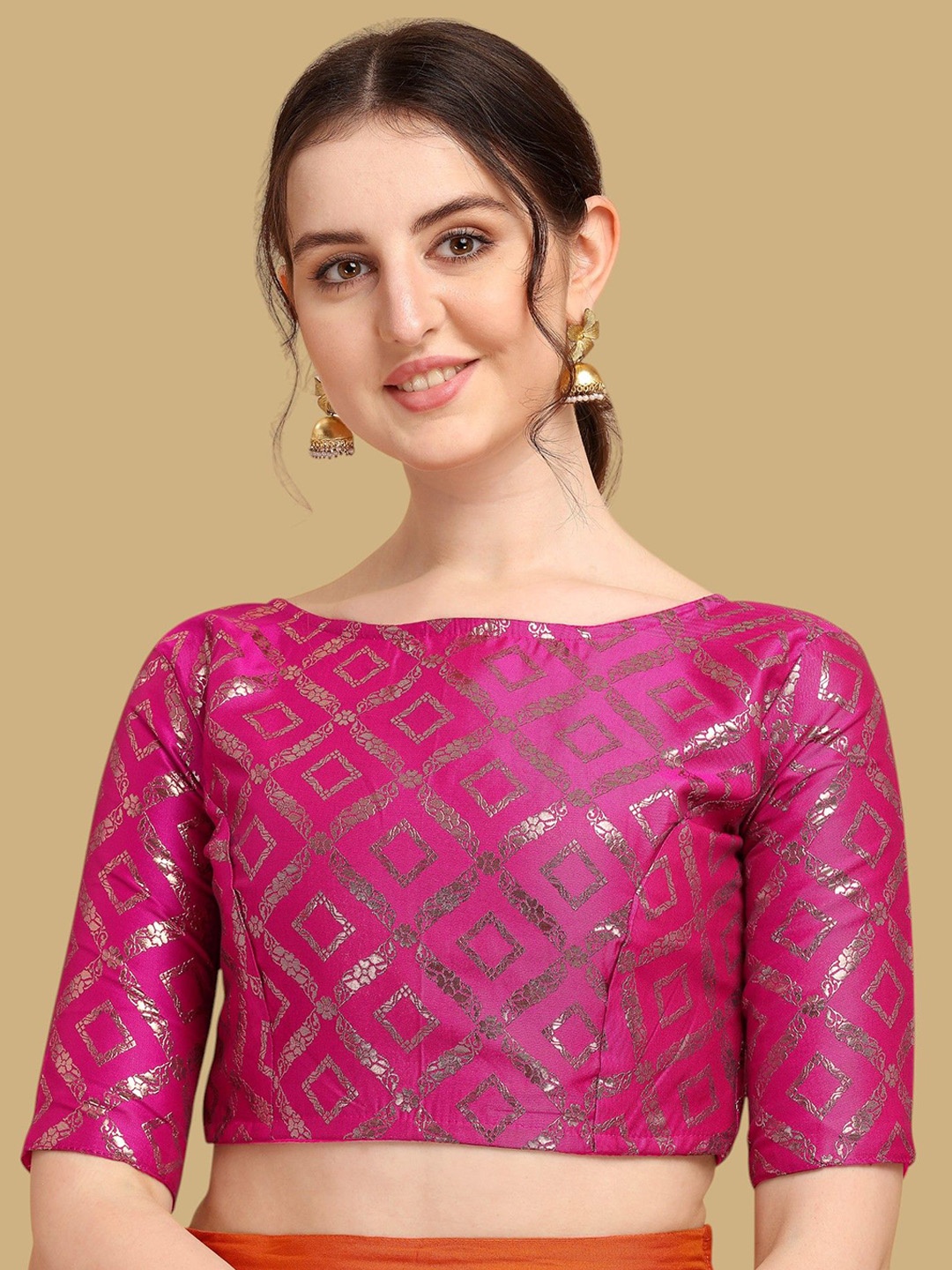 

Oomph! Woven Design Boat Neck Jacquard Saree Blouse, Pink