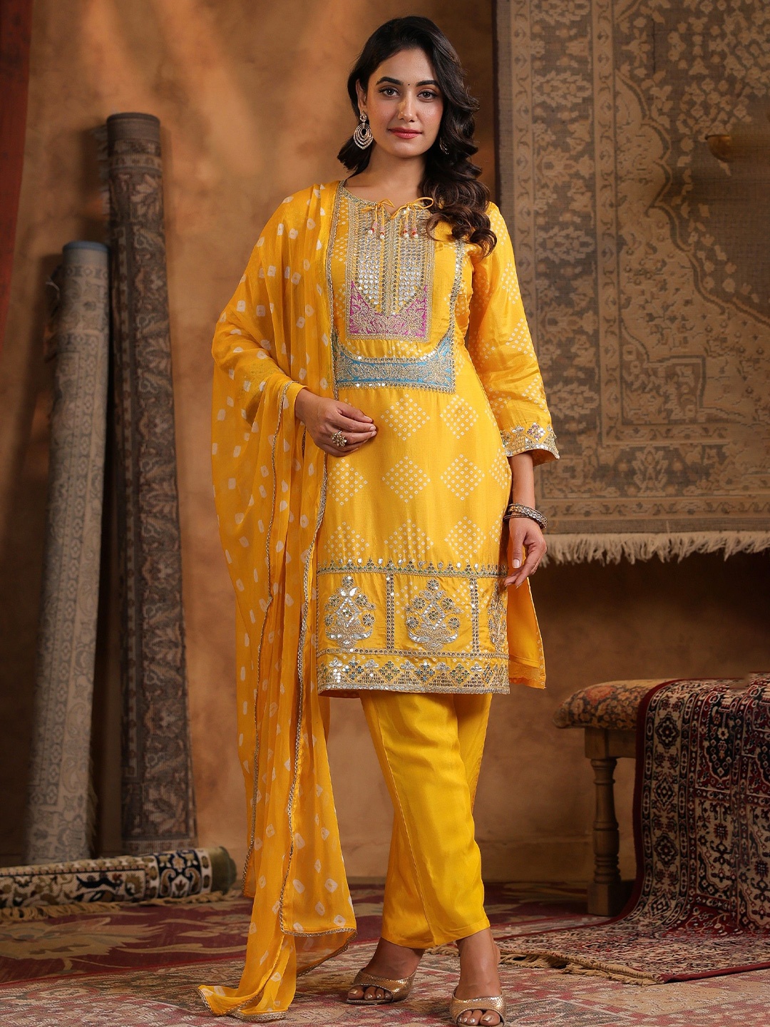

SCAKHI Embroidered Three Quarter Sleeves Kurta & Trousers With Dupatta, Mustard