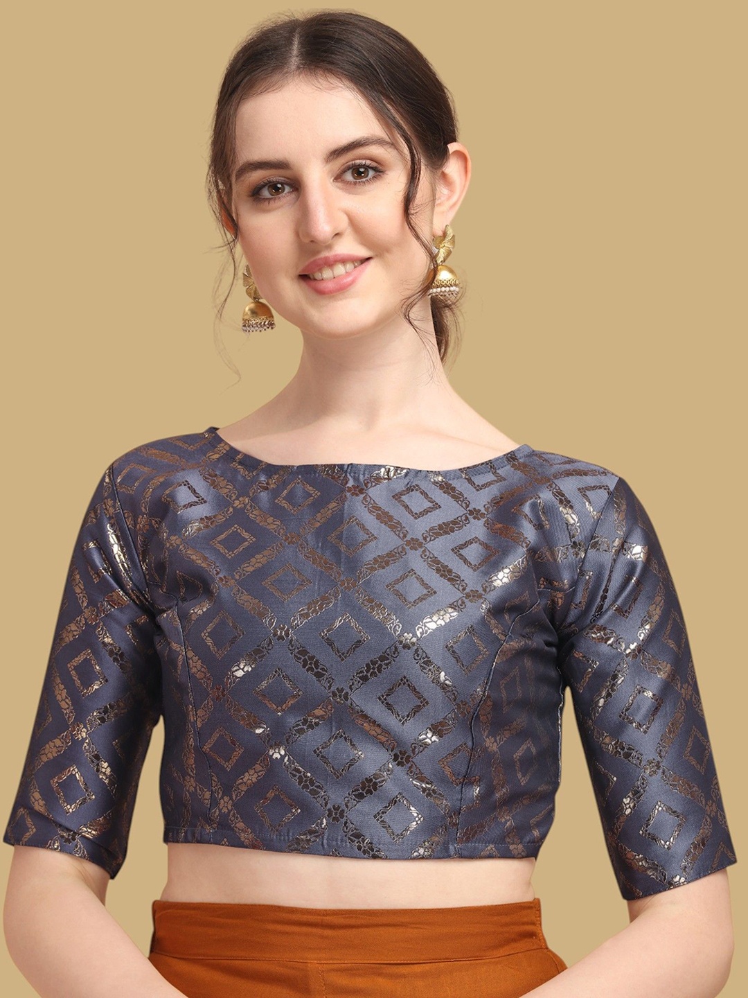 

Oomph! Woven Design Boat Neck Saree Blouse, Blue