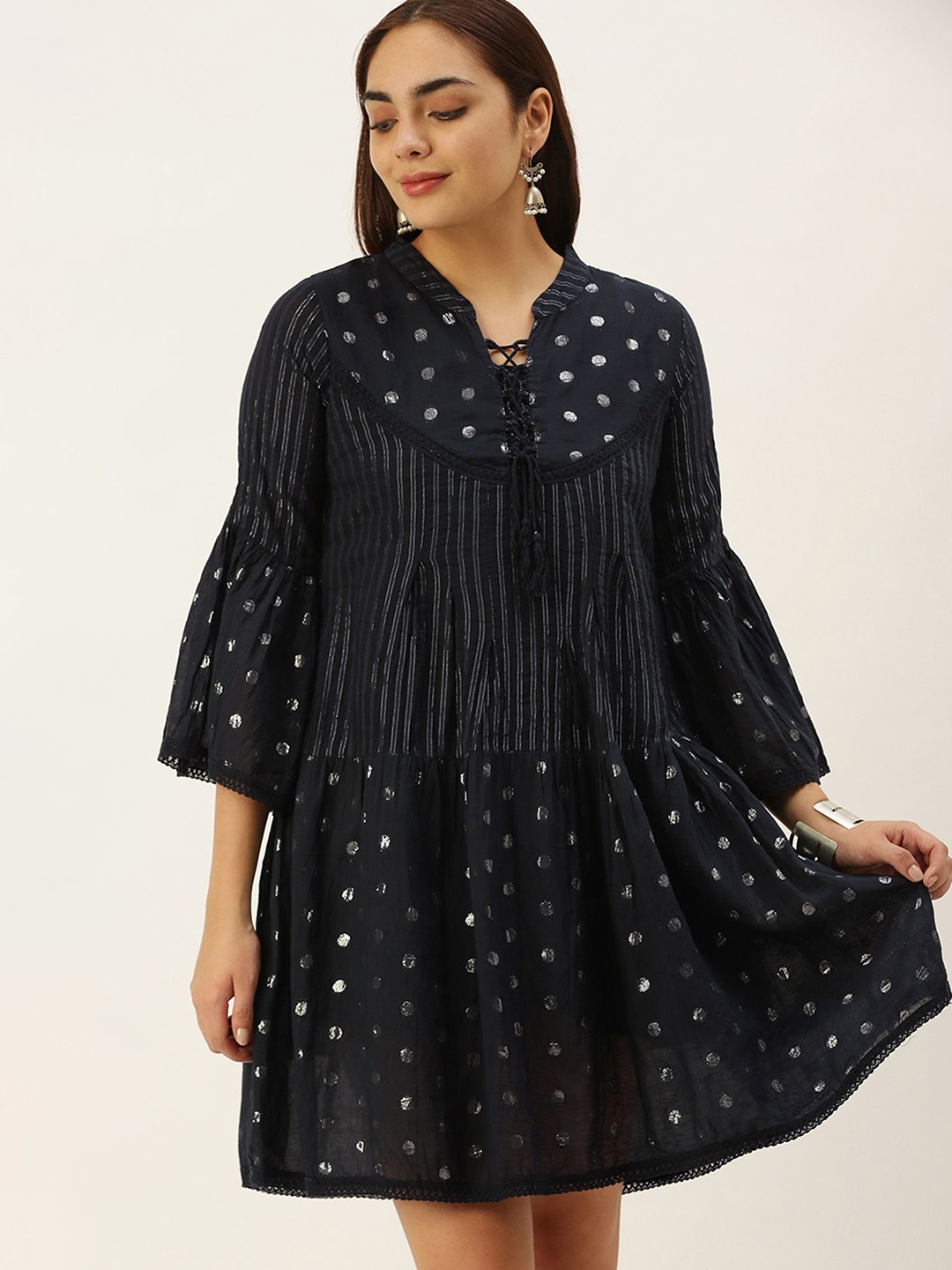 

The Roadster Lifestyle Co Zari Printed Cotton Mini Flared Dresses, Navy blue