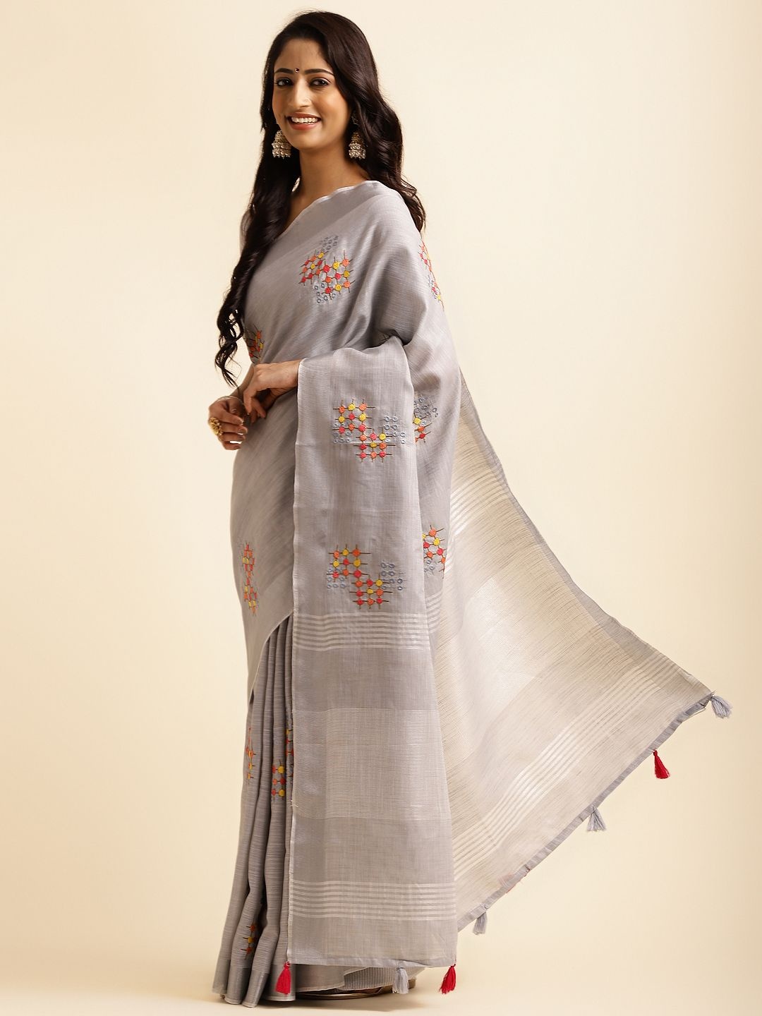 

NEGRONI Pure Linen Bandhani Saree, Grey