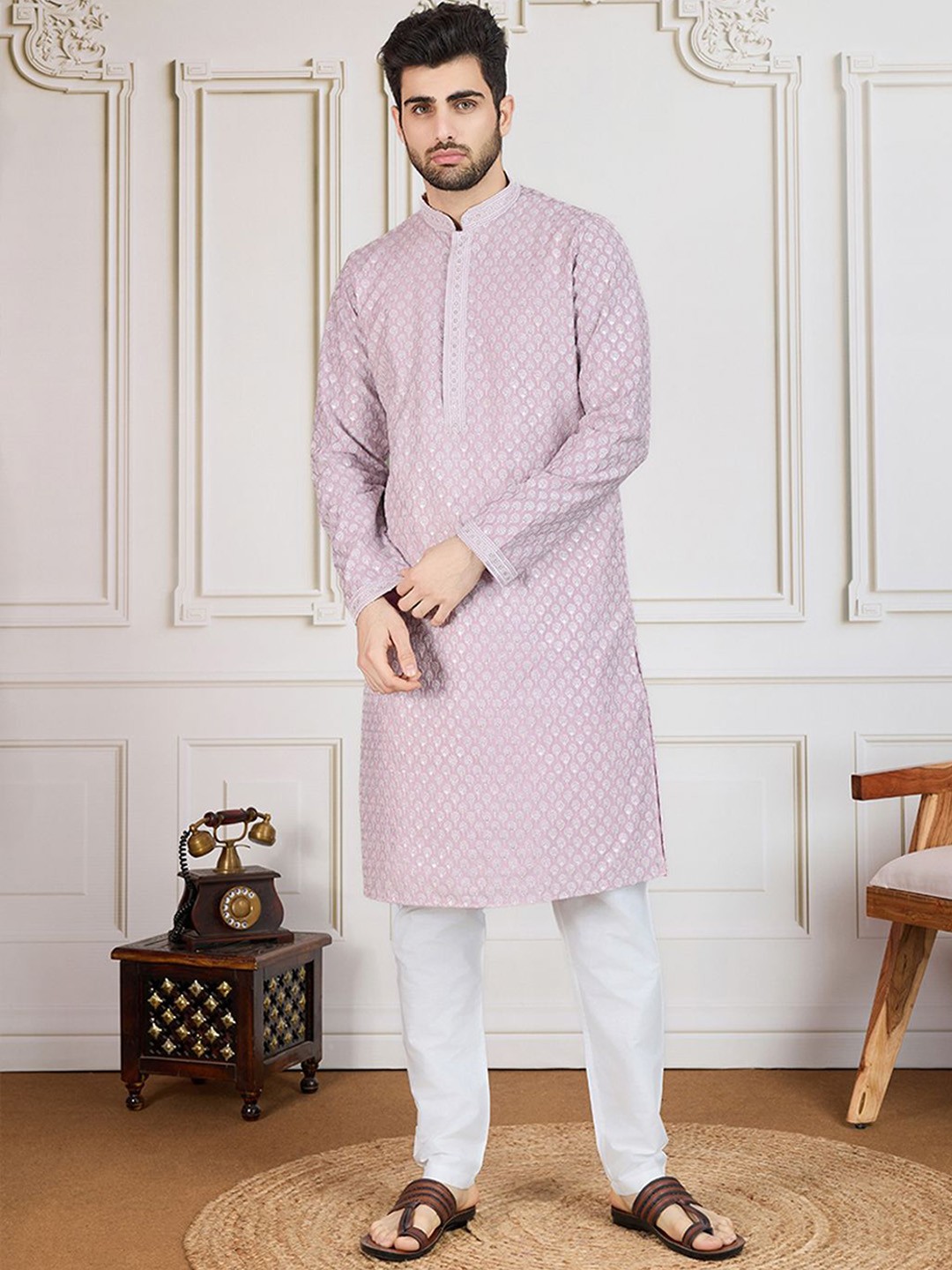

House of Pataudi Embroidered Cotton Straight Kurta, Mauve