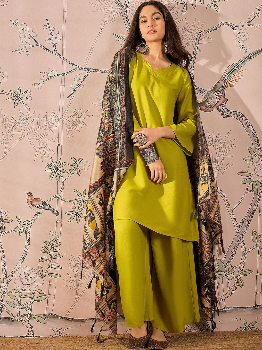 

InWeave Women Pleated Kurta with Palazzos & With Dupatta, Yellow