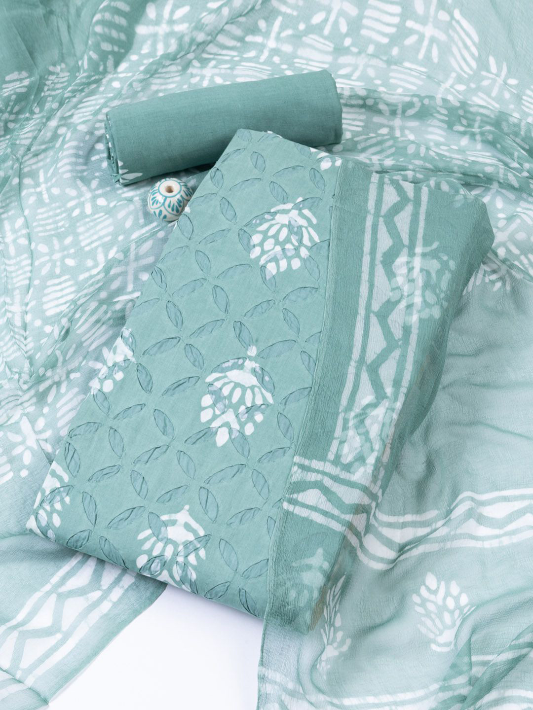 

Meena Bazaar Printed Unstitched Dress Material, Sea green